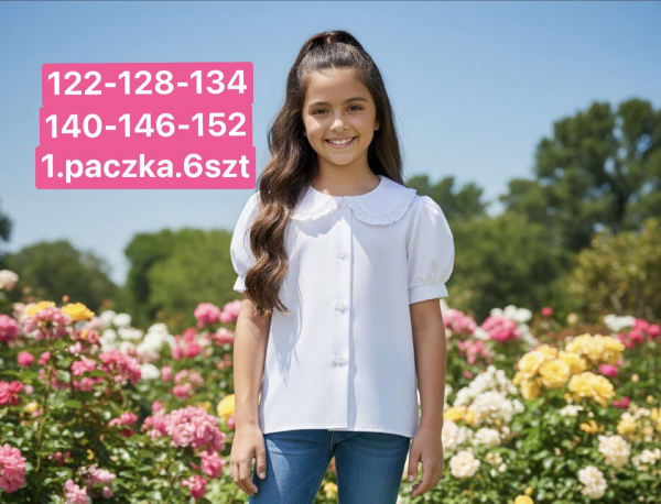 Koszule dziewczęce Roz 122-152, 1 kolor Paczka 6 szt